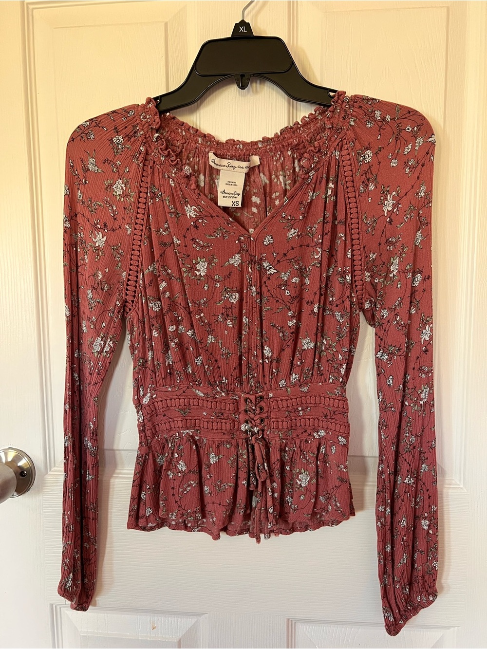 American Rag Rust Floral Lace-Up Smocked Peasant Blouse